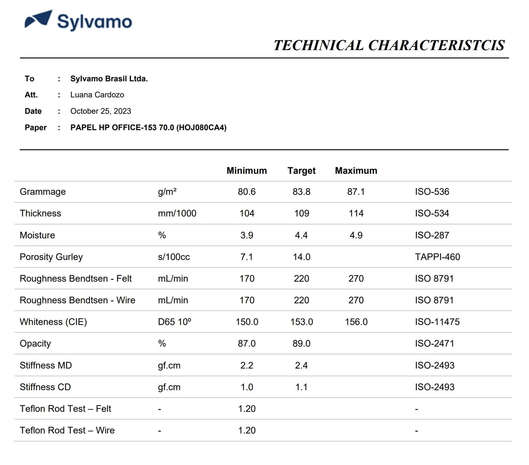 HP Copy Paper technical characteristic